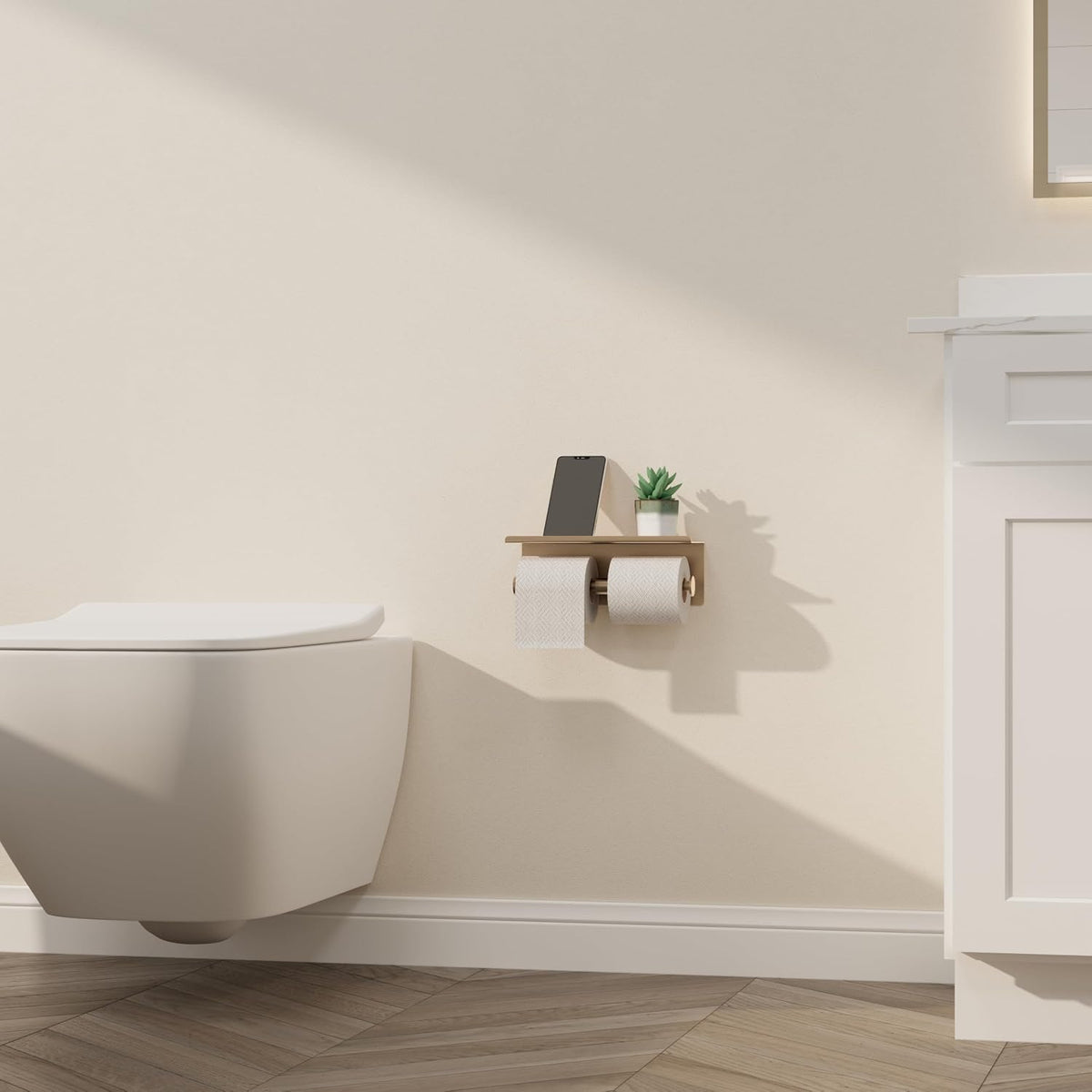 Double Toilet Paper Holder with Shelf Champagne Gold Wall Mount