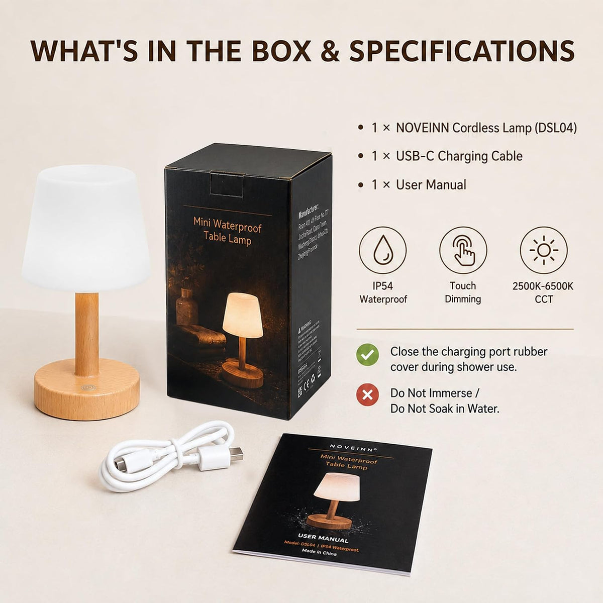 NOVEINN Shower Lamp IP54 Waterproof, Cordless Table Lamp, Wood Grain 1 Pack