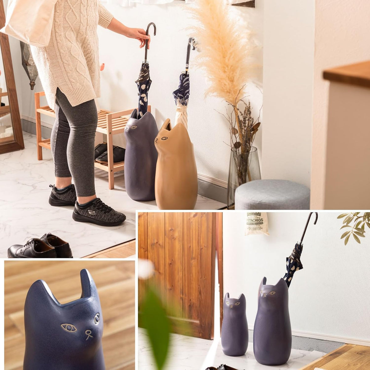 PaletteLife Cat Umbrella Stand, Medium Ceramic Umbrella Holder for Entryway, Cute Scandinavian Decorative Umbrella Rack, Brown