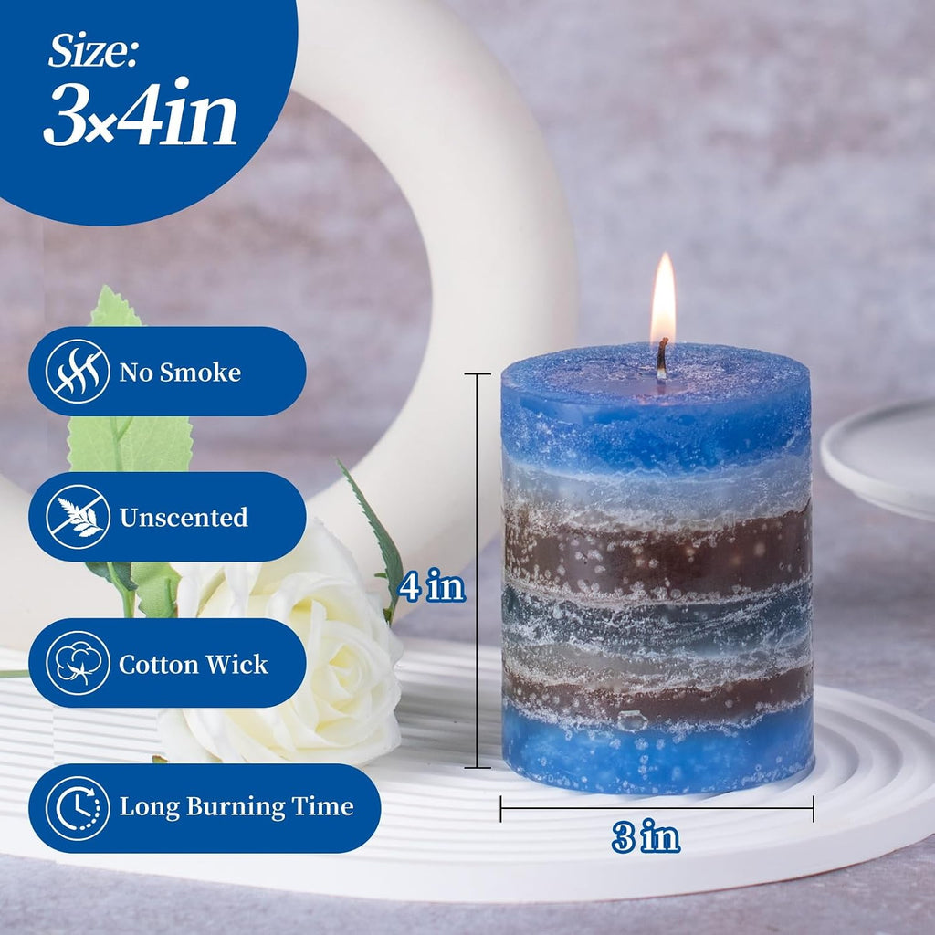 KONNI Layered Pillar Candles Set of 3, 3"x 4" Table Decor Blue Coffee