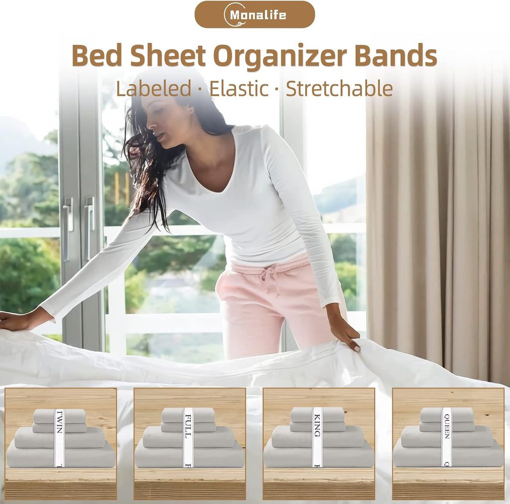 Bed Sheet Organizer Bands - Sheet Keepers & Elastic Storage for Linen Closet - Queen 4 Pack
