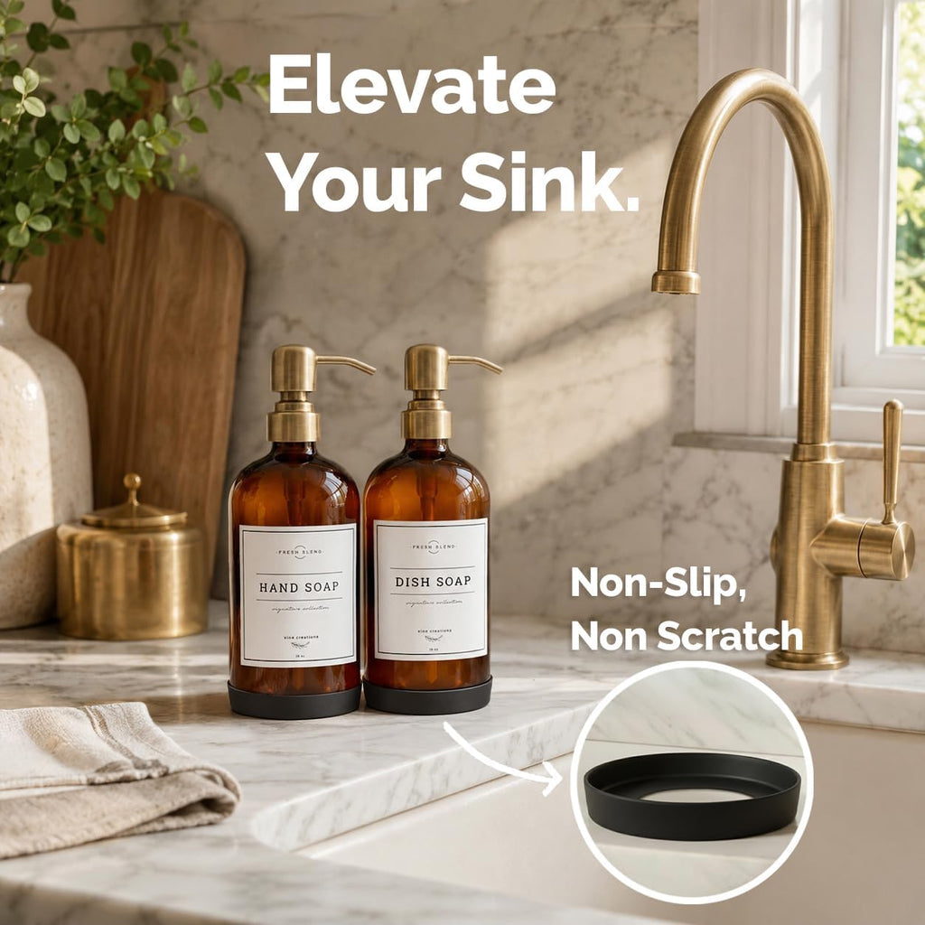 Vine Creations Amber Glass Soap Dispenser, 2 Pack Kitchen Soap Dispenser Set with Stainless Steel Pump, 16 oz Dish Soap and Hand Soap Dispensers for Bathroom with Waterproof Labels and Protective Pads