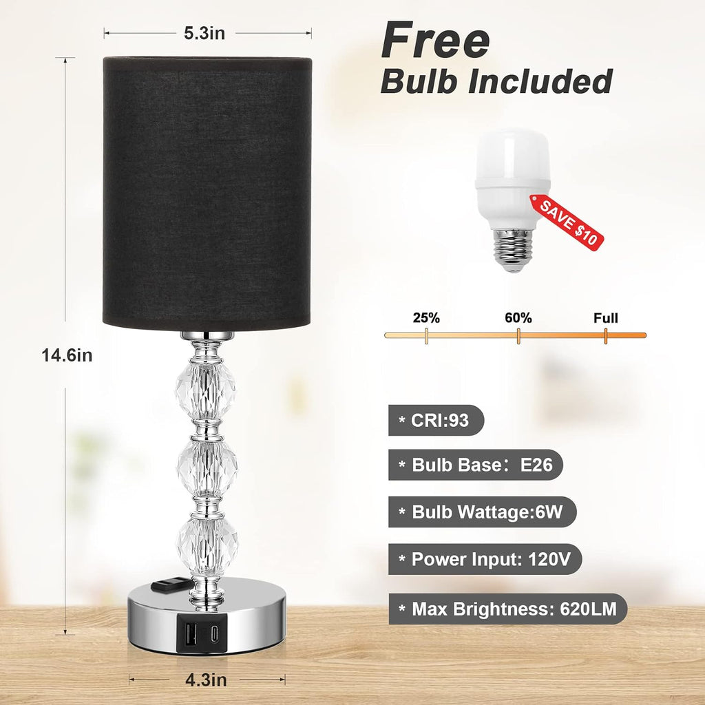 Black Touch Bedside Lamps for Bedrooms - Crystal Table Lamp with USB C+A Charging Port and AC Outlet Nightstand, 3 Way Dimmable Silver Small End Side Table Lamp for Living/Guest/Dinning Room/Kitchen