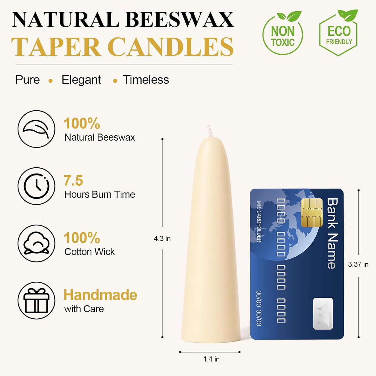 2 Pack Natural Beeswax Taper Candles, 1.3×4.3 Inch Bees Wax 7.5 Hours Long Burning Time, Eco-Friendly Non-Toxic Smokeless Handmade 100% Pure Beeswax, for Home Decor, Meditation, Relaxation & Gifts