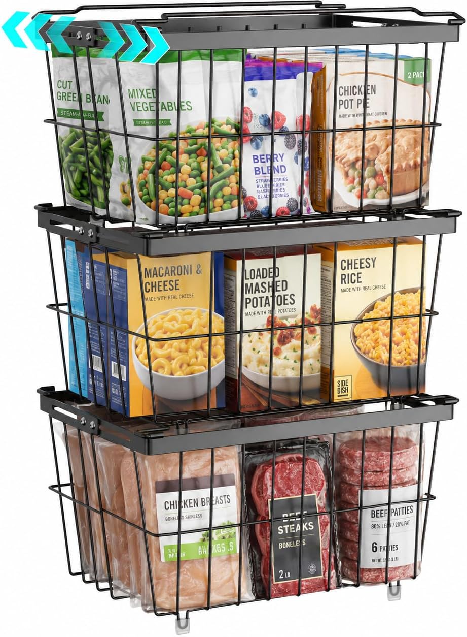 Freezer Organizer Bins - 3 Pack Adjustable Width for 5 to 7 Cu Ft Chest Freezers, Extra Height Stackable Freezer Wire Storage Baskets for Deep Freezer Organization, Black