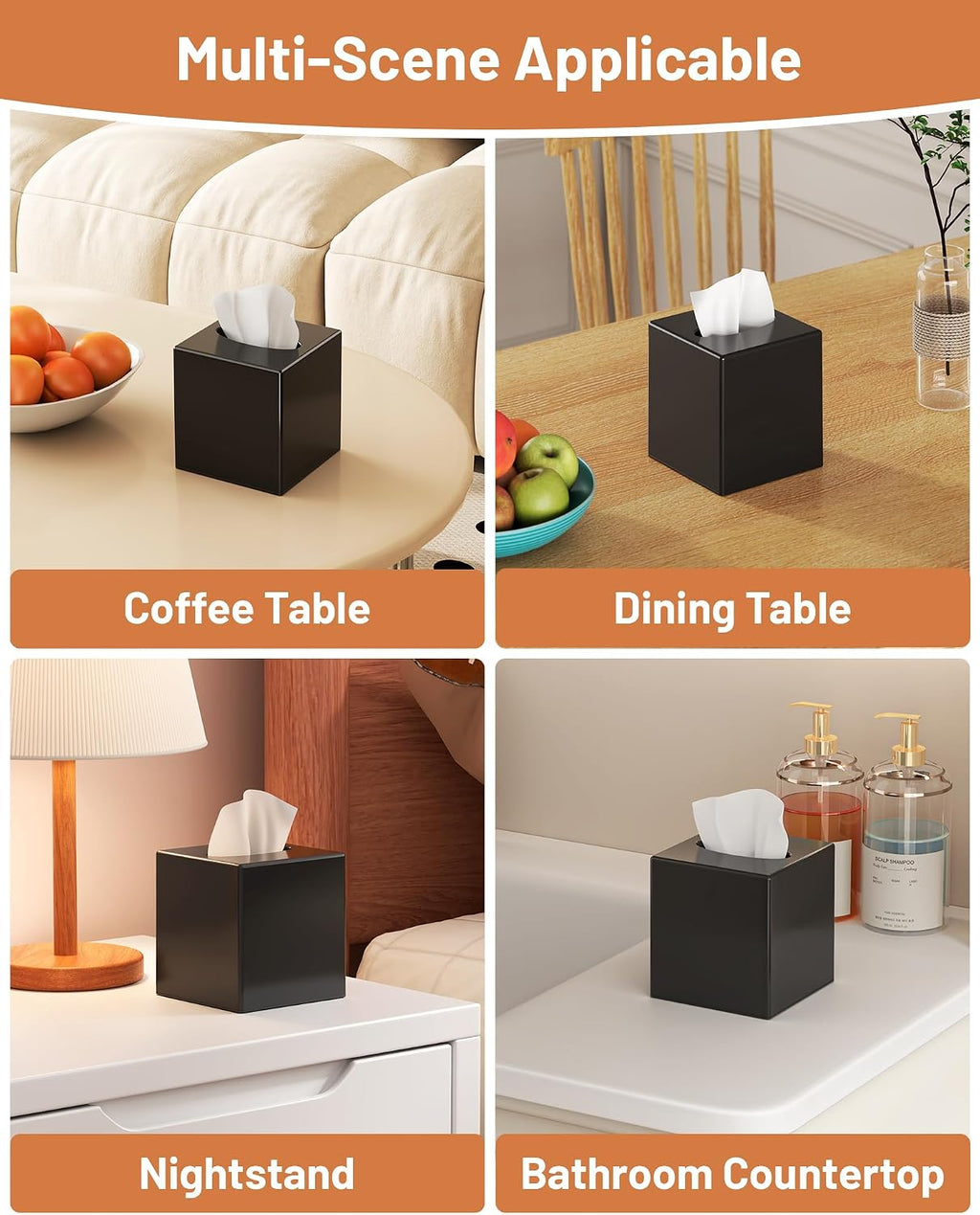 Tissue Box Cover, Square Plastic Tissue Box Holder with Anti Slip Base, Modern Decor Facial Napkin Holder for Bathroom Vanity Countertop, Bedroom Dresser, Night Stand, Parlors, Offices, Black