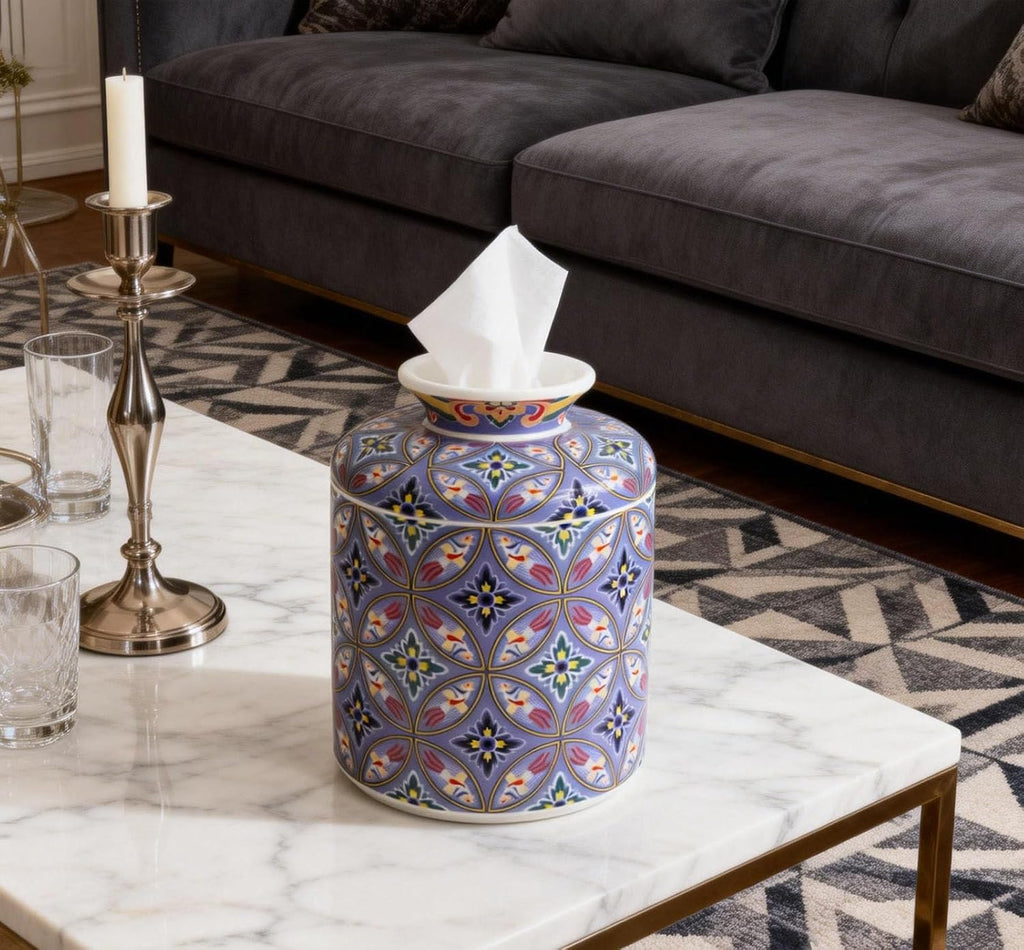 Ceramic Tissue Box Cover,Round Tissue Holders, Napkin Facial Paper Organizer,Tissue Vessel for Bathroom Bedroom Living Room Table Desk Office,Modern Home Décor,Dressers, Night Stand-Purple Pattern