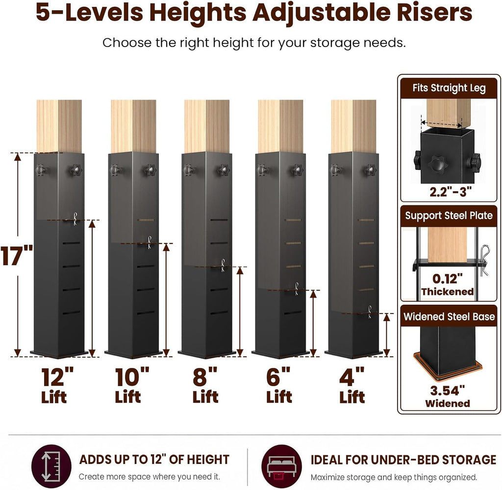 Heavy Duty Dorm Bed Risers, Adjustable Bed Leg Extenders, 4/6/8/10/12 inch