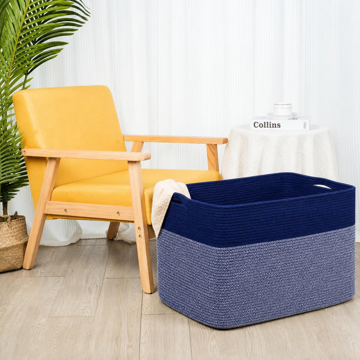 MINTWOOD Design 112L Extra Large Blanket Basket Holder Living Room, 25"x17"x16" Rectangle Rope Woven Storage Basket with Handles for Laundry, Towels, Shoes, Dog Toy Organizer Bin Box, Navy Blue