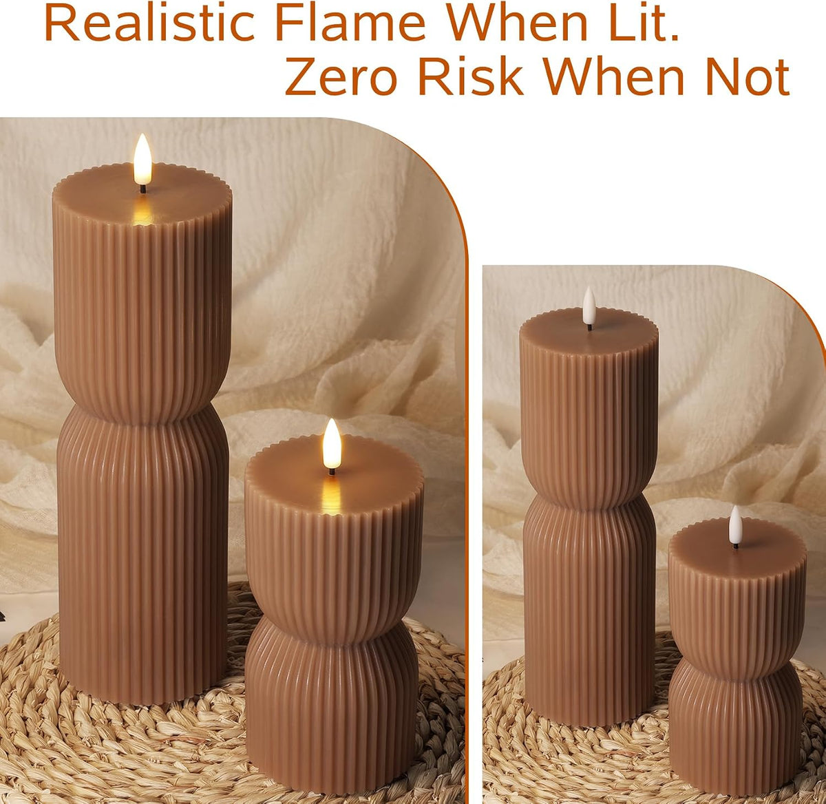 Brown Ribbed Fall Flameless Pillar Candles with Remote Set of 2