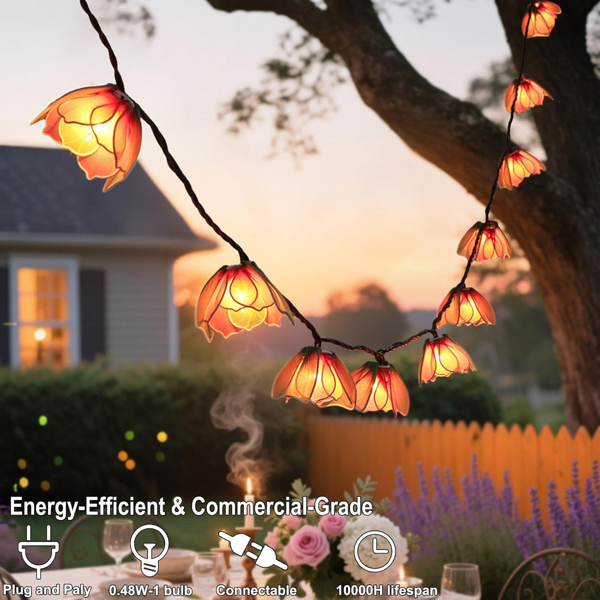TWINKVILLA Decorative String Lights Plug in with 10 Bulbs, Flower Garland Fairy Lights Connectable Weatherproof Outdoor Indoor for Wedding Garden Pergola Bedroom Porch Floral Home Decor (Multicolor)