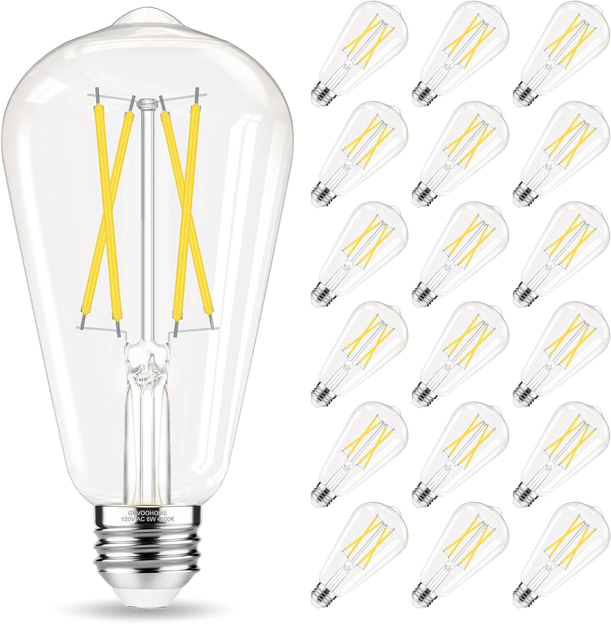 GvvooHome E26 Bulb, Non-Dimmable Edison Bulbs 60 watt LED, 4000K Daylight White, ST58 Vintage Light Bulbs, 90+ CRI, E26 Medium Base, Clear Glass, 18 Pack