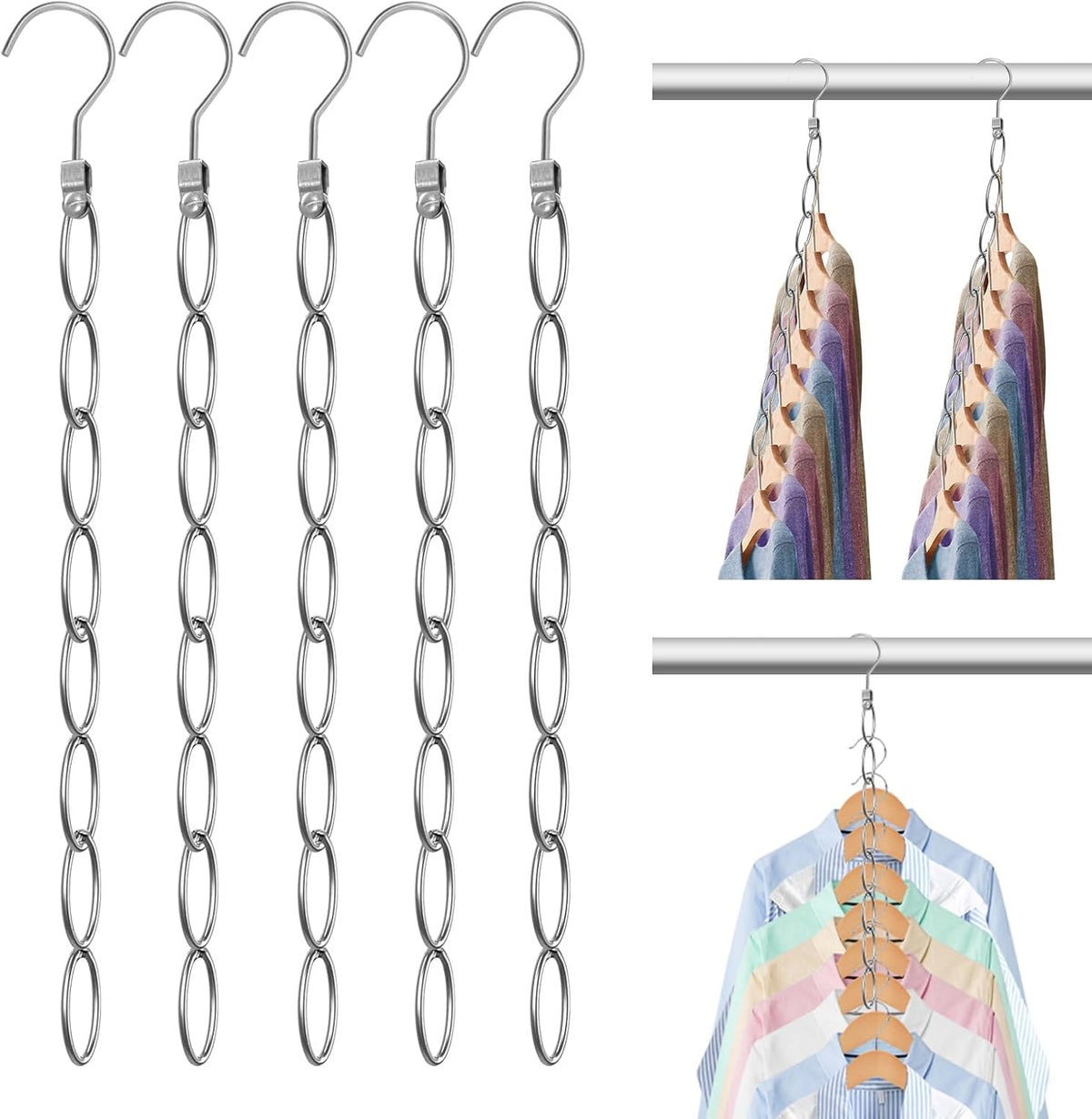 40 Holes Clothing Chain Hangers: 5 Pack Metal Space Saving Hangers