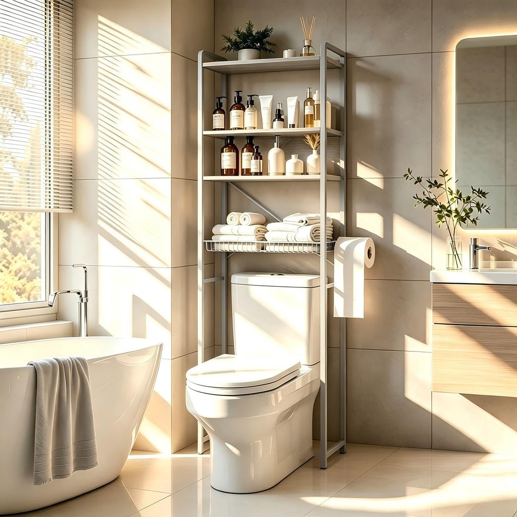 Over The Toilet Storage, 4-Tier Bathroom Organizer with V-Shaped Support & Pre-Welded Frame, Freestanding Rustproof Shelf with Toilet Paper Holder, Heavy Duty, 60" Tall, Grey