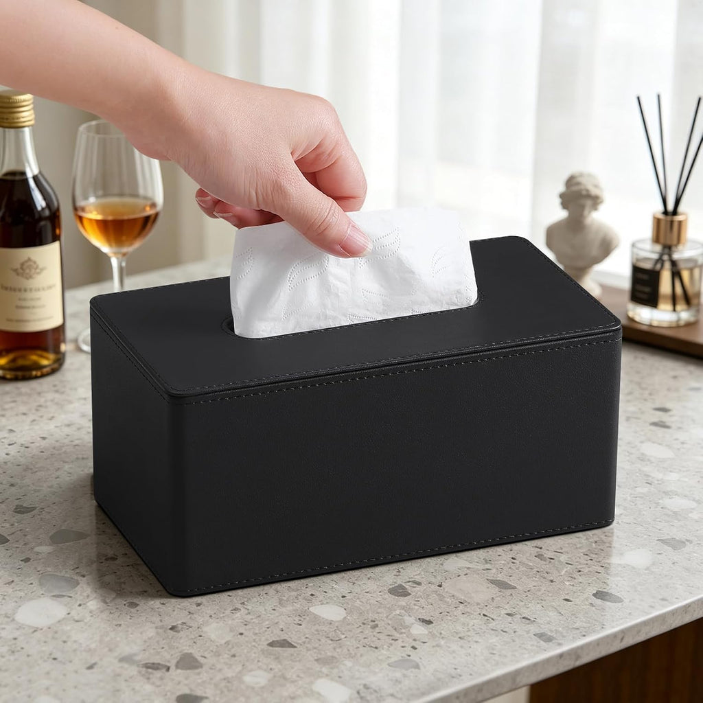 PU Leather Tissue Box Cover Rectangle, Inner Height 3.9", Black