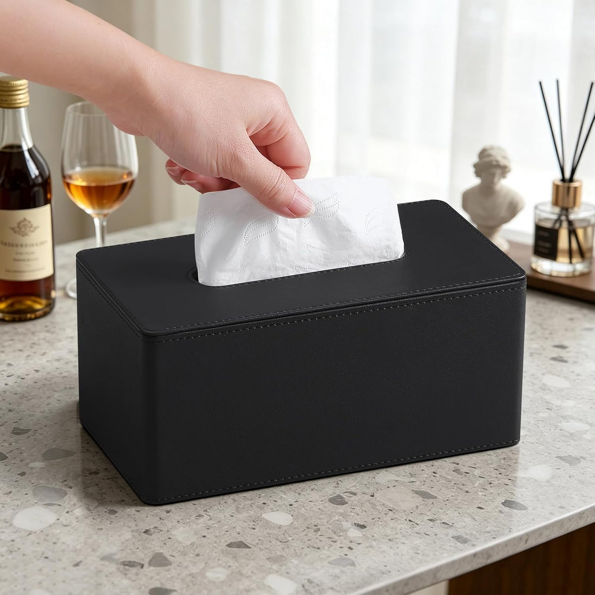 PU Leather Tissue Box Cover Rectangle, Inner Height 3.9", Black