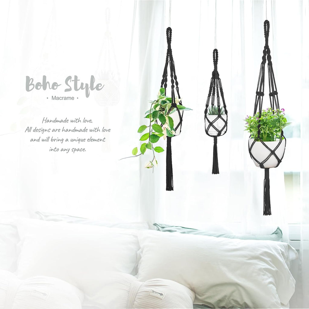 Mkono 3 Pack Macrame Plant Hanger, Hanging Planters for Indoor Plants Black