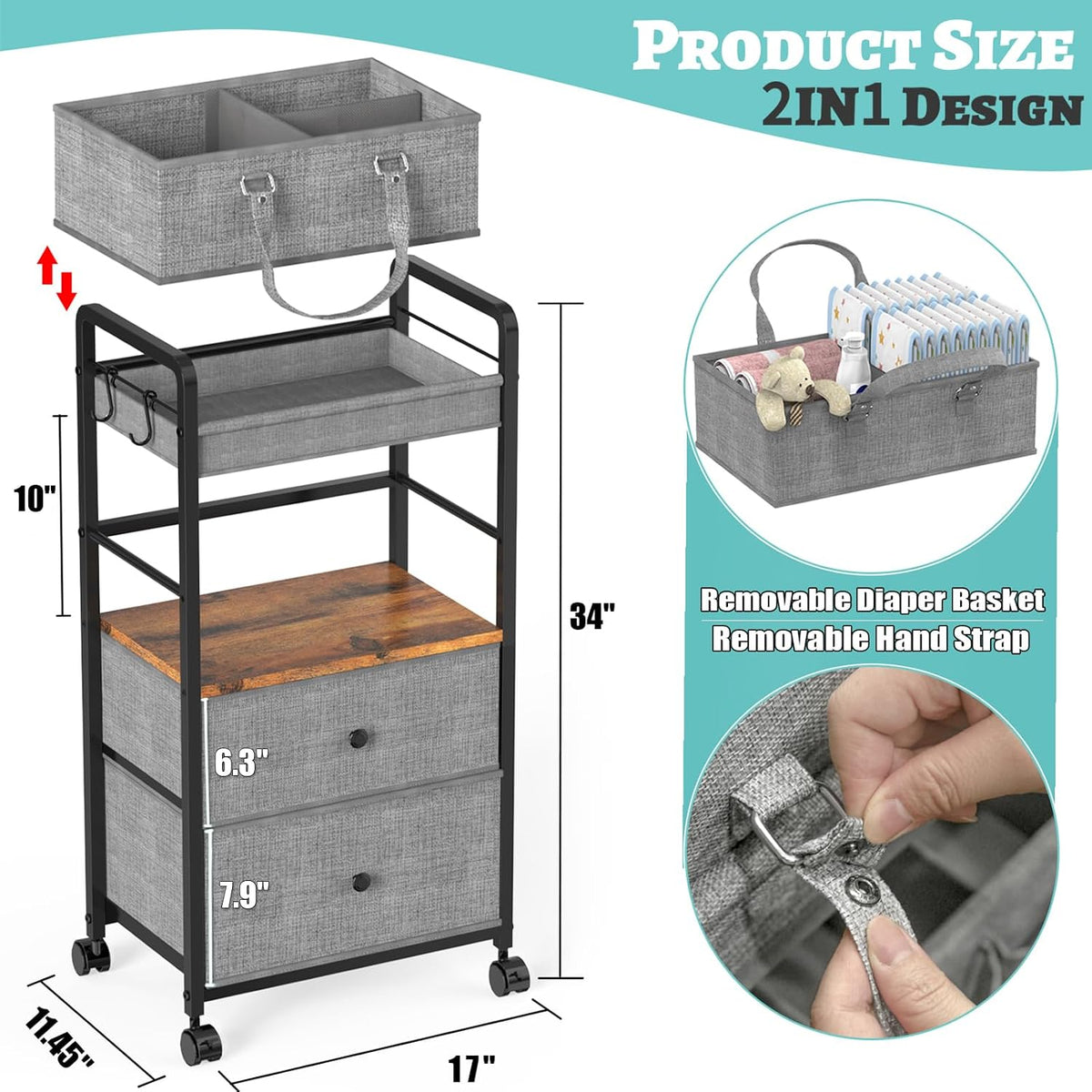 2IN1 Baby Diaper Caddy Organizer & 4-Tier Rolling Cart, Bedside Cart for Baby Essentials Nursery With Drawers, Metal Mobile Diaper Caddy Cart with Wheels, Storage Basket with Dividers for Baby Shower