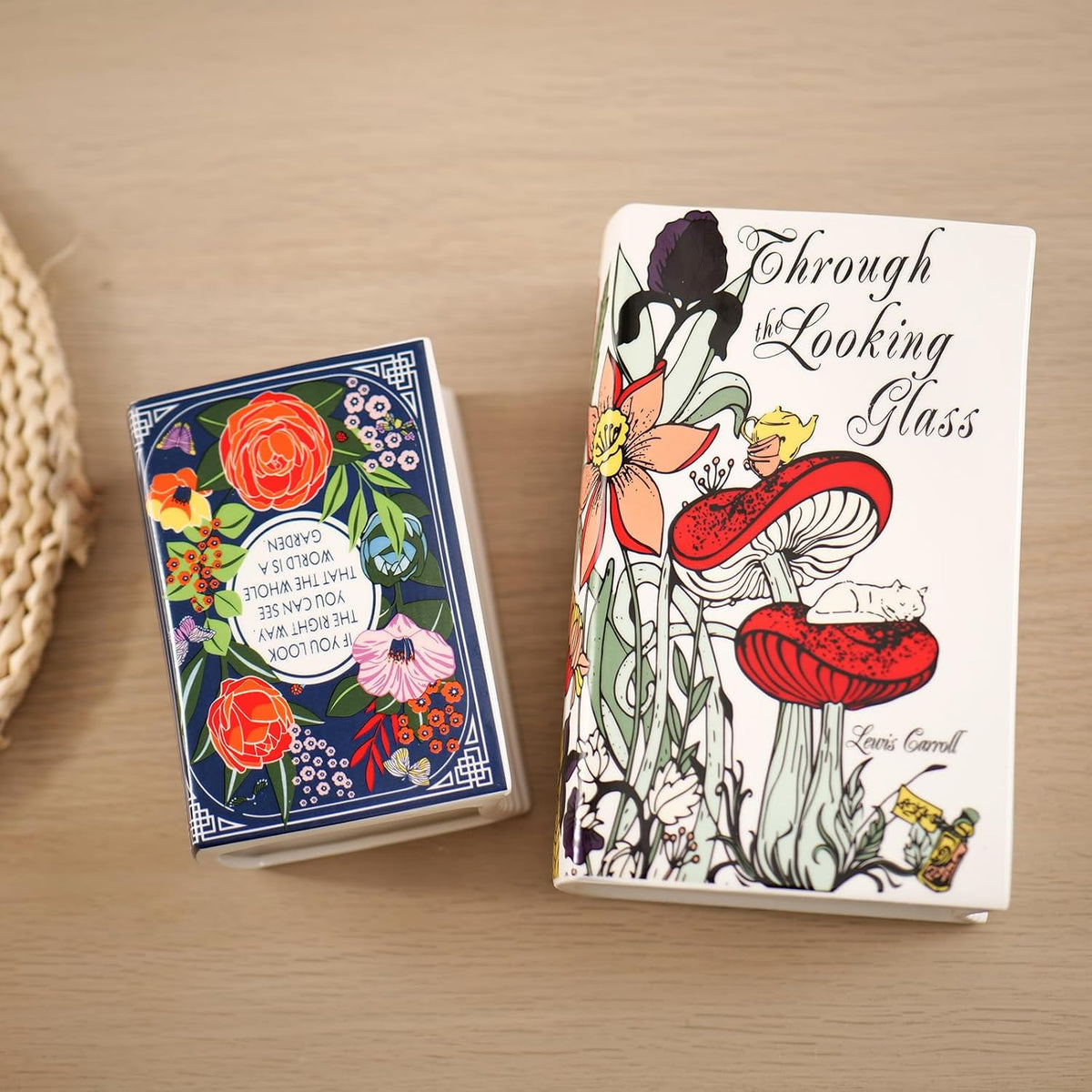 Book-Shaped Decorative Vase,Romehaha Book Vase for Flowers,Modern Ceramic Aesthetics Infused with Artistic Cultural Style,Cute Bookshelf Decor(Large - Through The Looking Glass)