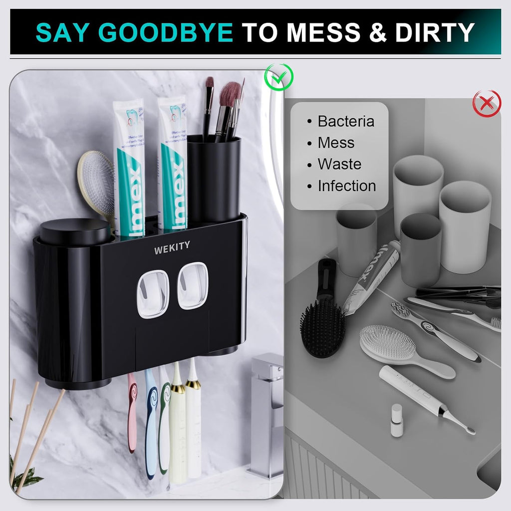 Toothbrush Holder,Multi-Functional Wall Mounted Toothbrush Holder,Toothpaste Dispenser for Bathroom with 2 Toothpaste Squeezers,5 Toothbrush Slots and 4 Cups(Black)