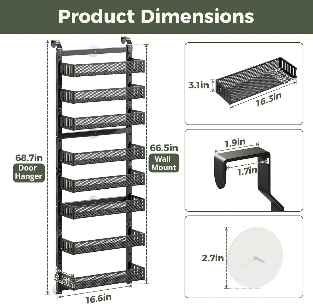 POKIPO 8-Tier Over the Door Pantry Organizer, 2 IN 1 Wall Mount or Hanging Spice Rack with Adjustable Raised Basket, Heavy Duty Back of Door Storage for Kitchen Bathroom Laundry Room