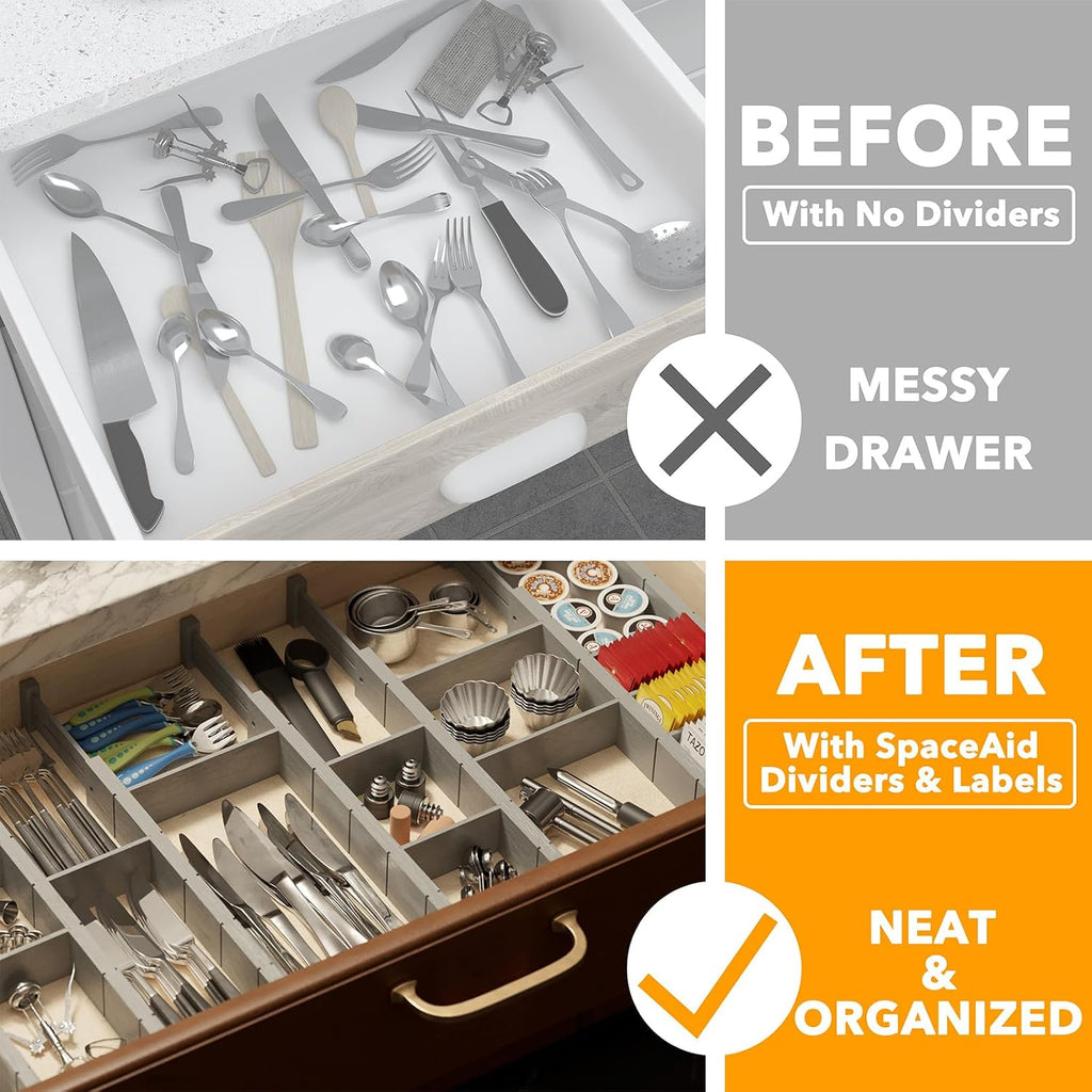 SpaceAid Bamboo Drawer Dividers with Inserts and Labels, Kitchen Adjustable Drawer Organizers, Expandable Organization for Home, Office, Dressers, 10 Dividers with 24 Inserts (17"-22" Gray)