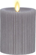 Luminara - Flameless Flickering Real Wax Moving Flame Battery Operated Unscented Candle LED Décor & Gift- Embossed Pillar Collection - Everyday Metallic Furrow, Grey (3.25" x 4.5")