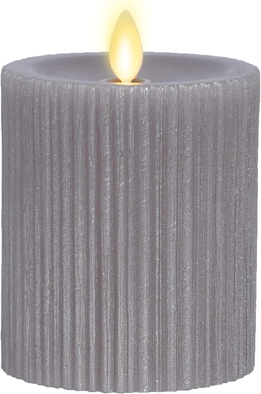 Luminara - Flameless Flickering Real Wax Moving Flame Battery Operated Unscented Candle LED Décor & Gift- Embossed Pillar Collection - Everyday Metallic Furrow, Grey (3.25" x 4.5")
