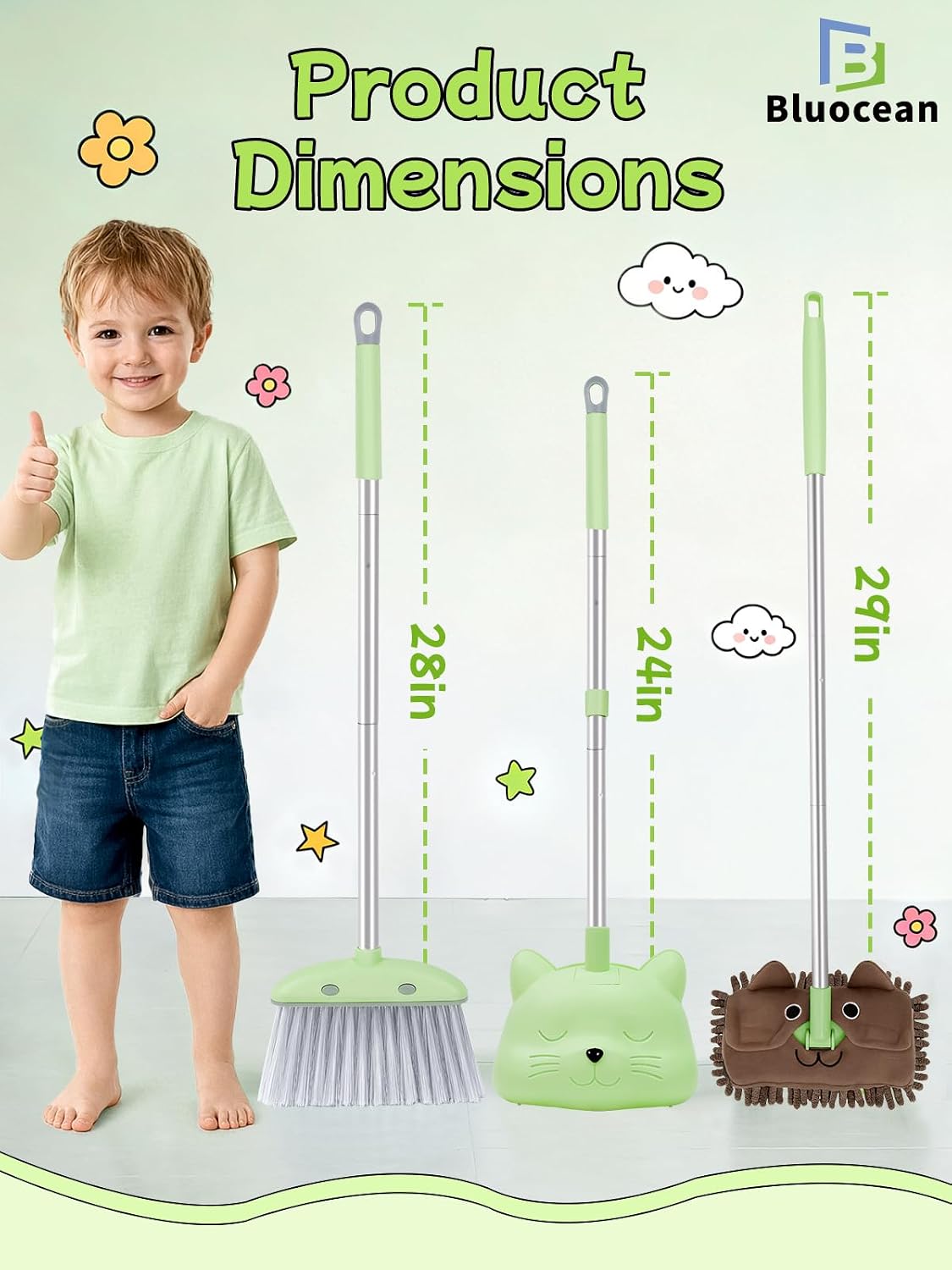 Toddler Cleaning Toy Set-28'' Kids Mini Broom with Dustpan & Mop, Toddler Household Helper, Parent-Child Interactive Play Cleaning Tool, Cute Cartoon Design, Small Safe Corner Broom (Green)