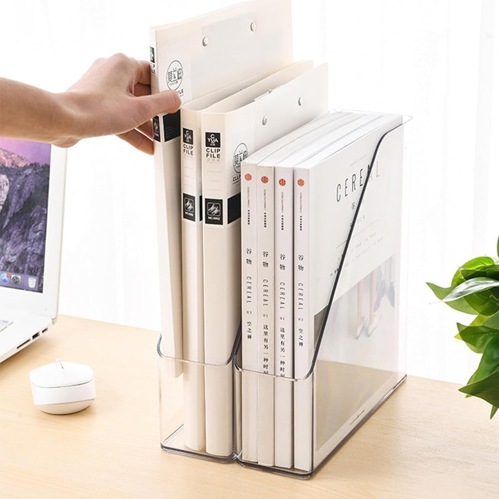 4-Pack Acrylic Vertical Magazine Holder & Book Organizer– Clear Desktop File Storage Rack for Office&Home, Space-Saving Design
