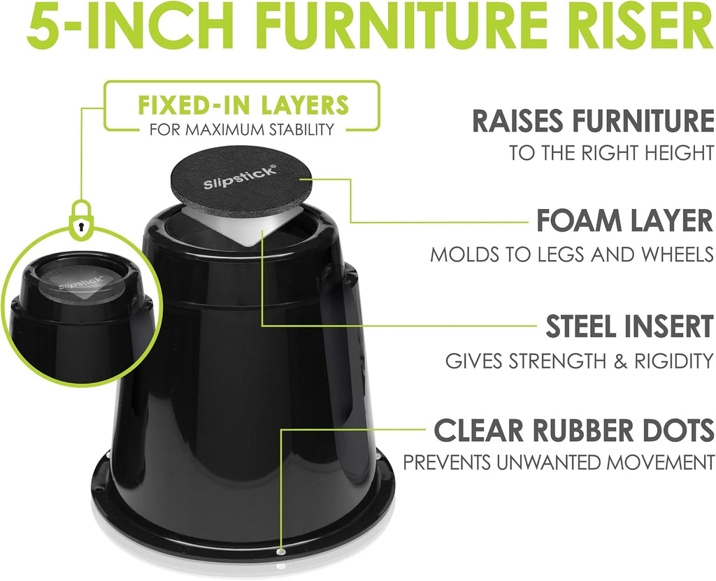Slipstick CB671 5 Inch Bed Risers/Furniture Raisers with Steel Reinforced Holder Top, Lifts Height 5" (4 Pack) Supports 2,640 Pounds, Round, Black, Stackable with CB674 & CB672
