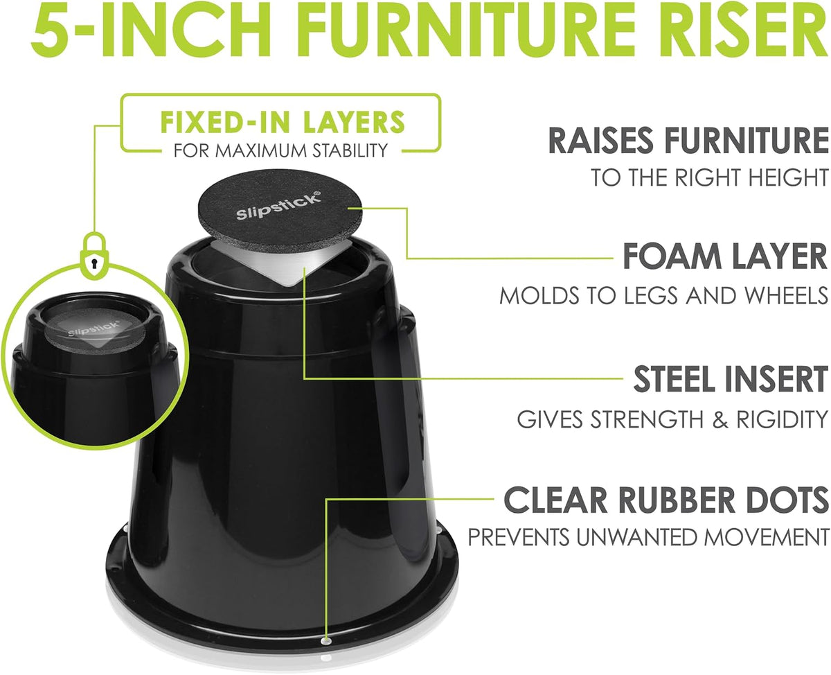 Slipstick CB671 5 Inch Bed Risers/Furniture Raisers with Steel Reinforced Holder Top, Lifts Height 5" (4 Pack) Supports 2,640 Pounds, Round, Black, Stackable with CB674 & CB672