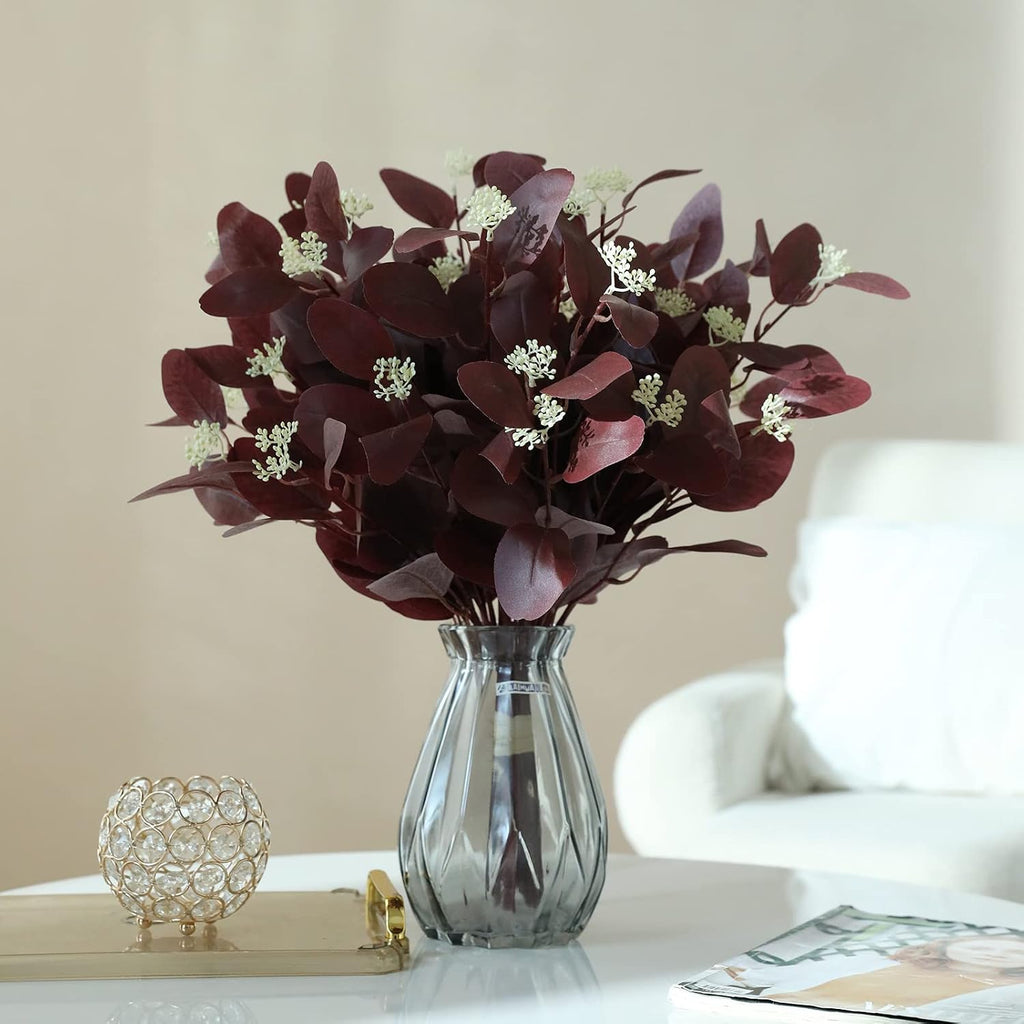 dallisten 20" Silk Artificial Eucalyptus Stems, 12Pcs Fake Eucalyptus Stem with Leaves Berries, Greenery Plants Floral Decorations for Wedding Party Flowers Arrangement Home Decor (Burgundy)