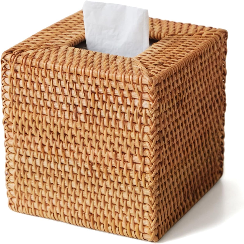 Rattan Tissue Box Cover Square, Handwoven Wicker Facial Tissue Box Holder
