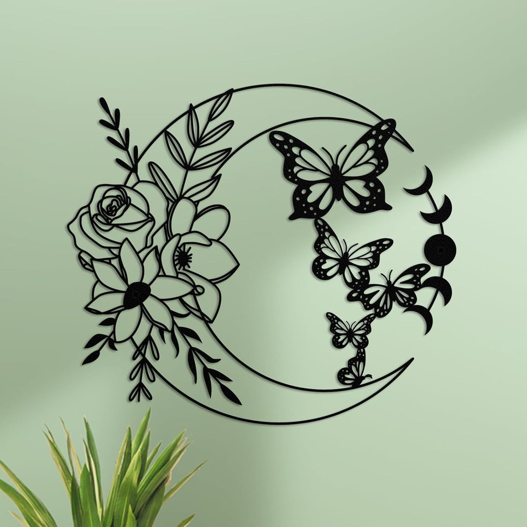 ruelen Moon Butterfly Metal Wall Decor Boho Wall Art Floral Wall Hanging