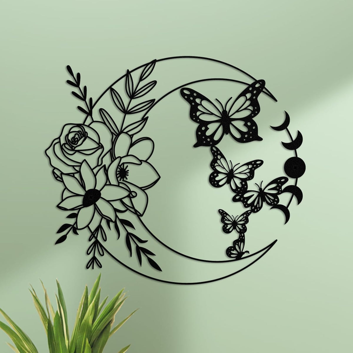 ruelen Moon Butterfly Metal Wall Decor Boho Wall Art Floral Wall Hanging