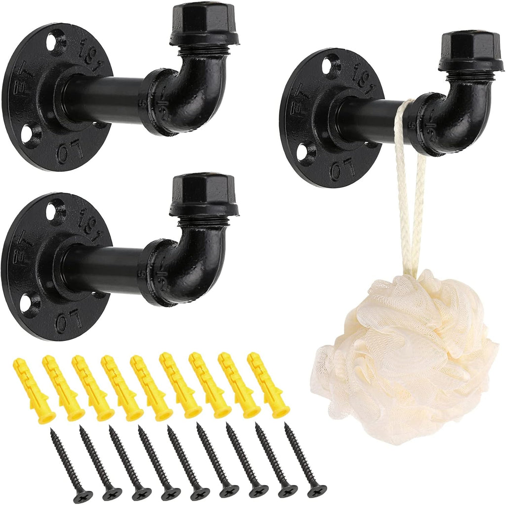 Sumnacon 3 Pcs Industrial Pipe Coat Hook Racks - Heavy Duty Rustic Clothes Towel Holder Hanger, Wall Mounted with Hardware for Home, Office, Electroplated Black Finish