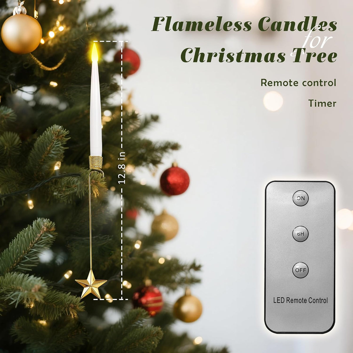LUSHARBOR Christmas Tree Candles, 10 Pack Flameless Taper Candles for Trees
