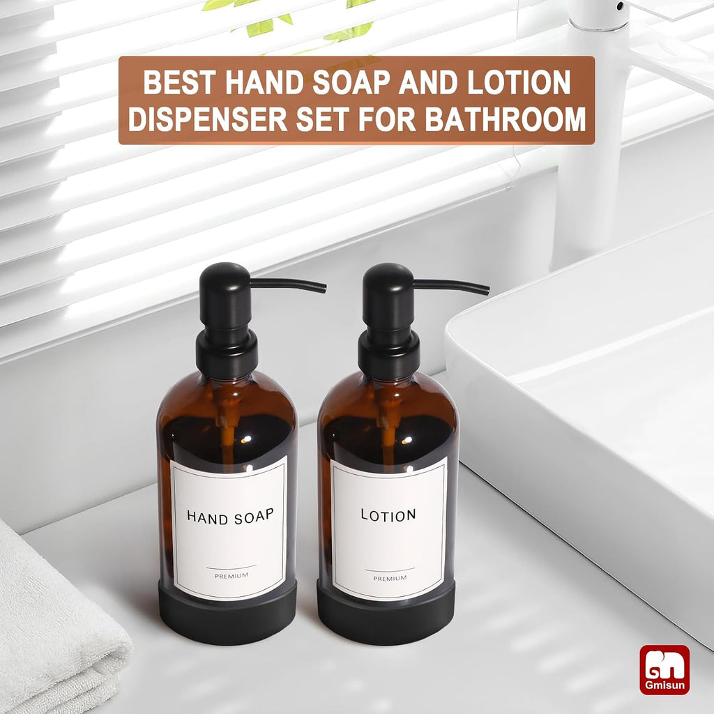 GMISUN Amber Glass Soap Dispenser with Silicone Sleeve Boot, 2 Pack Bathroom Hand Soap Dispensers with Pump, 17 Fl Oz Kitchen Hand and Dish Soap Dispenser Set, Liquid Soap Dispensers Bottle