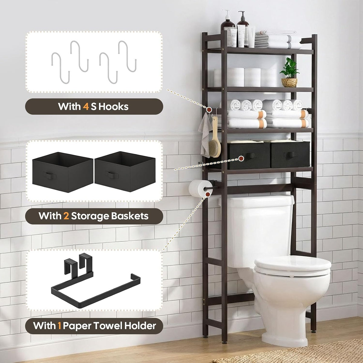 Homde Bathroom Over Toilet Storage Rack: Adjustable 4-Tier Bamboo (Brown)
