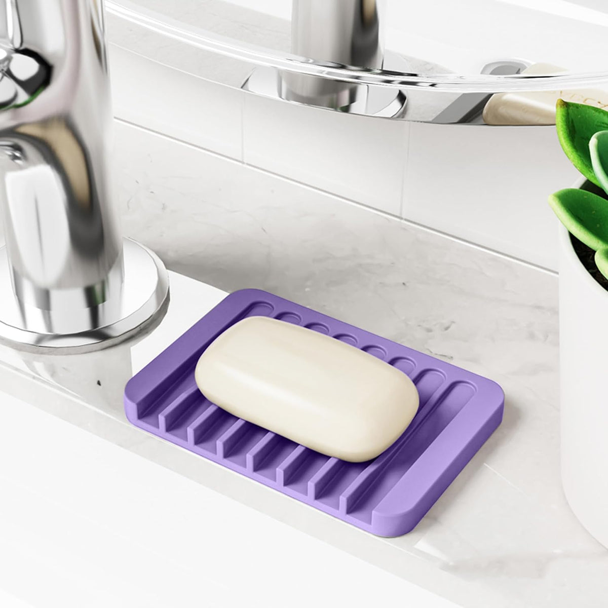 4-Pack Self Draining Soap Dish for Shower Bathroom Waterfall Silicone Soap Saver Tray Sponge Holder for Kitchen Sink Non-Slip Easy Clean (Purple)