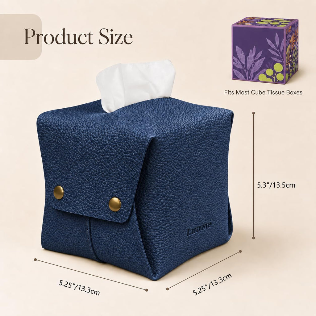 Grained Faux Leather Tissue Box Cover Square, Navy Blue
