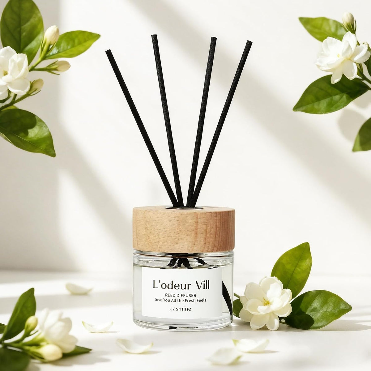 L'odeur Vill Reed Diffuser Set,Jasmine 3.4 fl oz(100 ml) Oil Diffuser with 6 Reed Sticks, Home Fragrance Reed Diffuser for Bathroom Shelf Decor Scent Diffuser