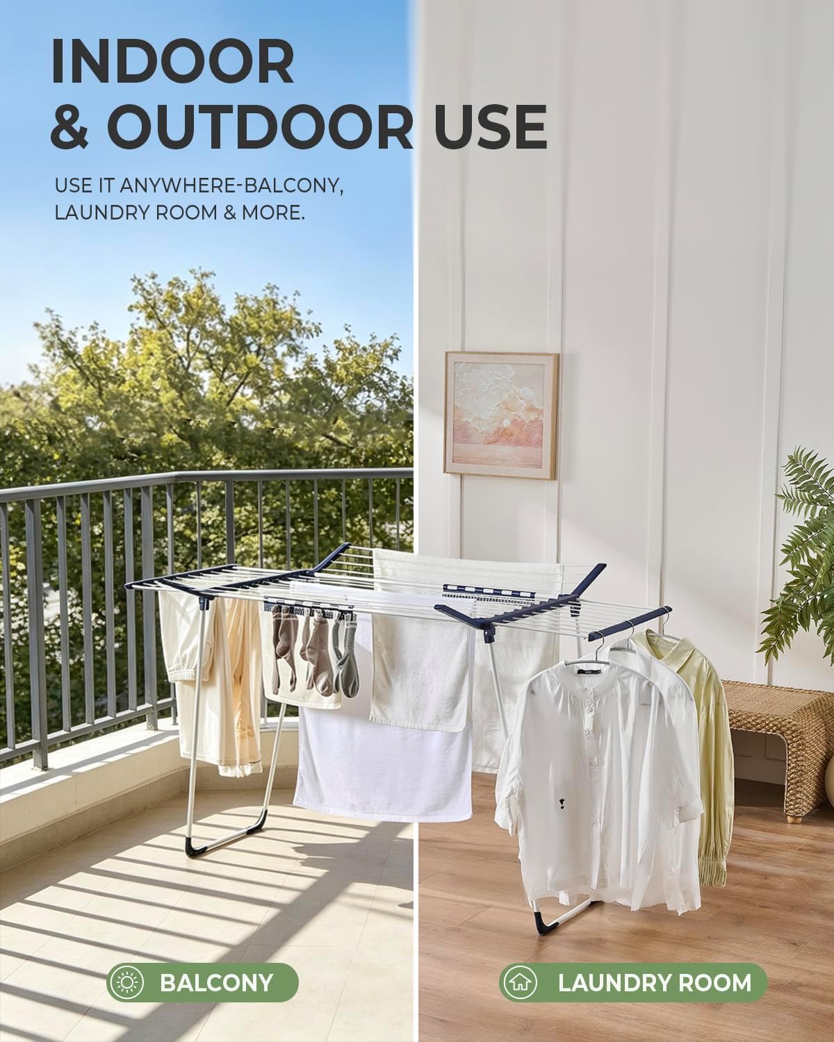 JS HANGER Extendable Clothes Drying Rack with Fold-Out Wings & Sock Clips, Expands from 41" to 67", Extra Wide Laundry Drying Rack Indoor Outdoor, Folding Rack for Clothes, Towels & Delicates