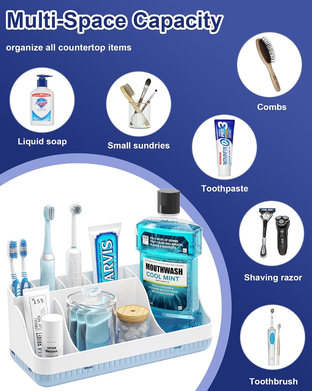 Bathroom Counter Organizer and Storage with 2 Pack Qtip Holder Dispenser, 7 Slots Detachable Toothbrush Holders for Bathrooms, Anti-Slip Electric Toothbrush and Toothpaste Holder Countertop