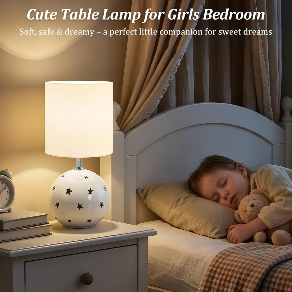 Small Table Lamp,14" White Ceramic Bedside Lamp for Girls Kids Bedroom,Dorm