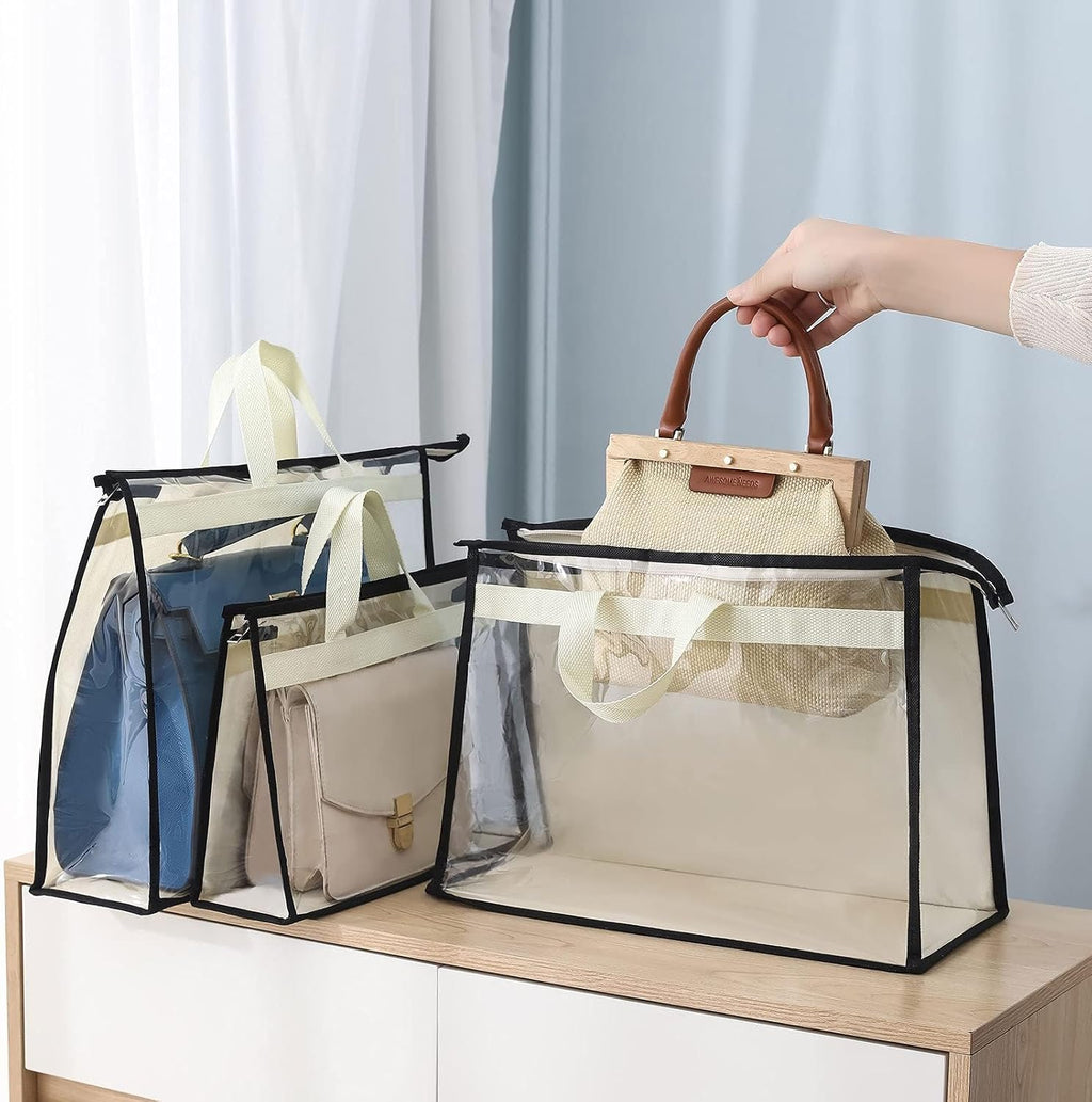 12 Packs Dust Bags for Handbags, Clear Handbag Storage, Purse Storage Organizer for Closet, Purse Cover Hanging Closet Organizer with Zipper and Handles