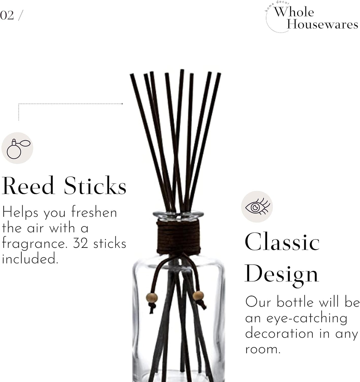 WHOLE HOUSEWARES Set of 4 Diffuser Bottles with Sticks - 7.5oz Empty Glass Diffuser Bottle for Essential Oils - Oil Diffusers Container with 32pcs Reed Sticks for Aromatherapy and Home Fragrance
