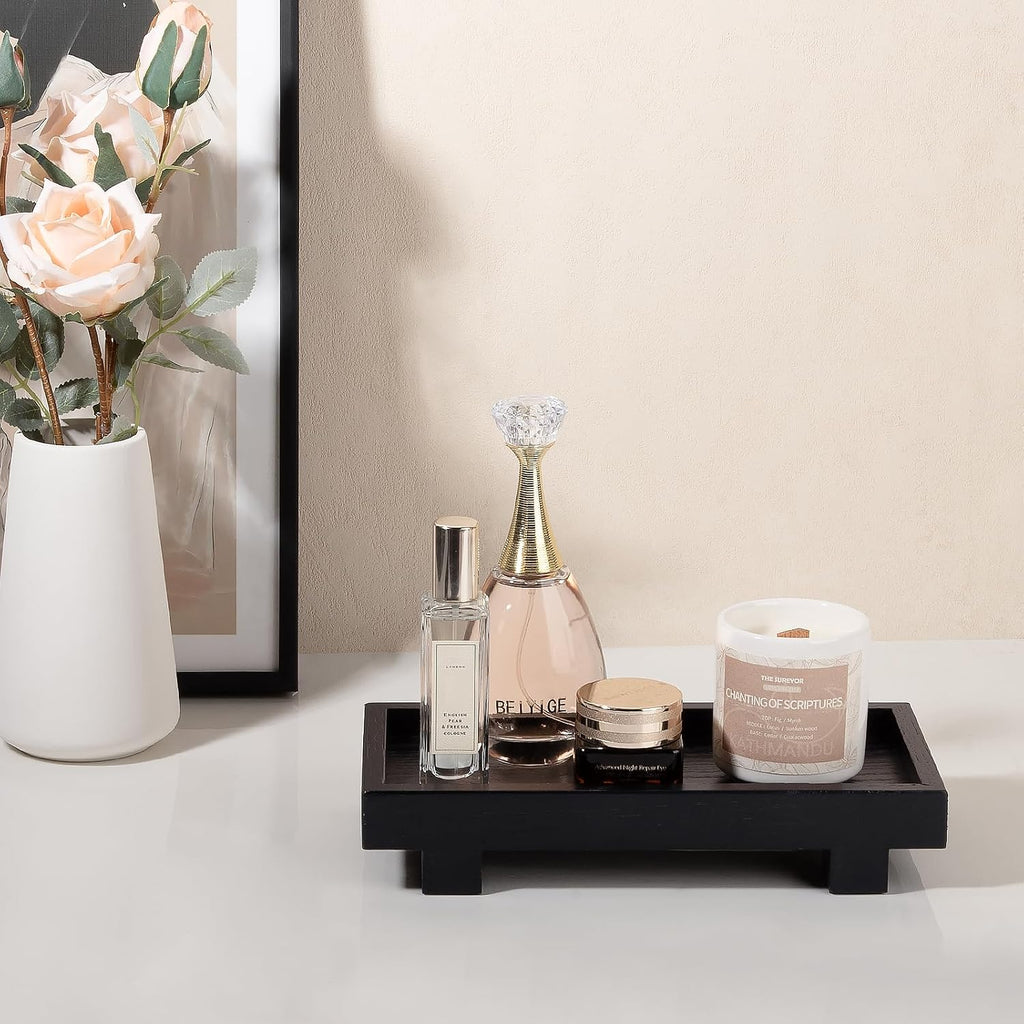 Bathroom Counter Tray Wooden Riser Display Kitchen Soap Holder, Black