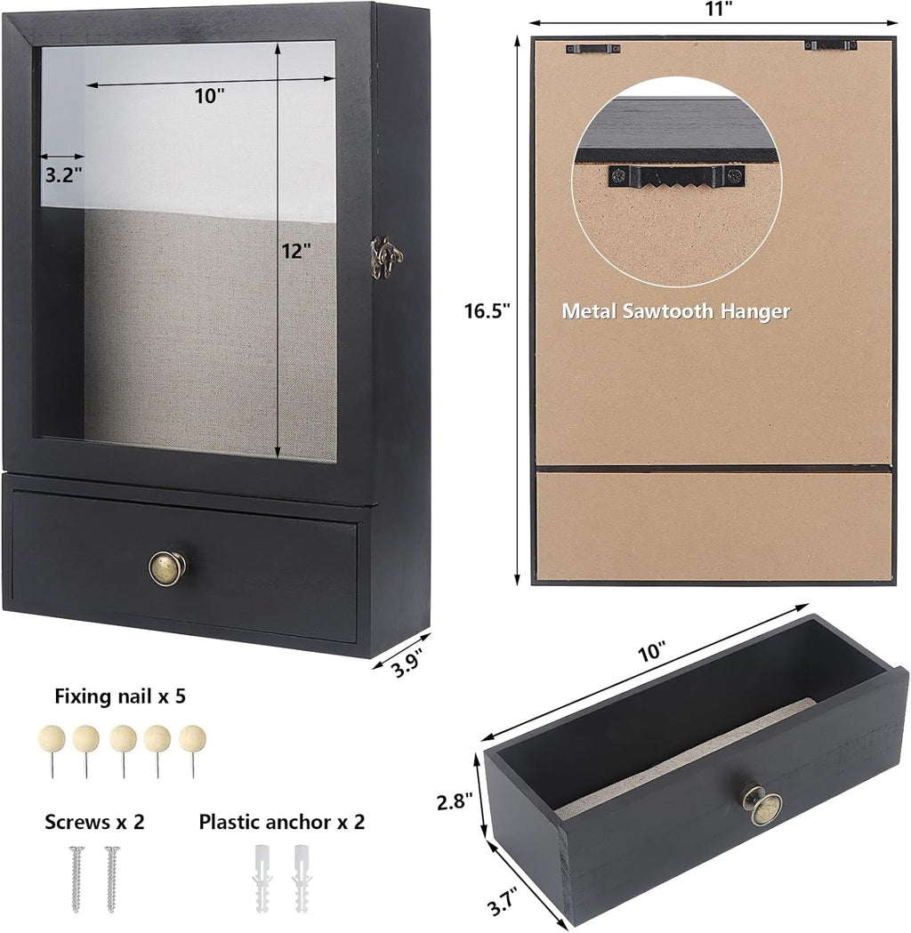 Butizone Shadow Box Frame, 3.2” Deep Shadow Box Display Case with Real Glass and Drawer, Rustic Wood Memory Boxes for Pictures, Flowers, Memorial, Medals, Wedding Bouquet for Wall or Tabletop, Black